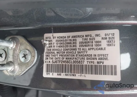 2012 Honda Crosstour Ex-L z USA, uszkodzony, nr VIN 5J6TF2H56CL005837